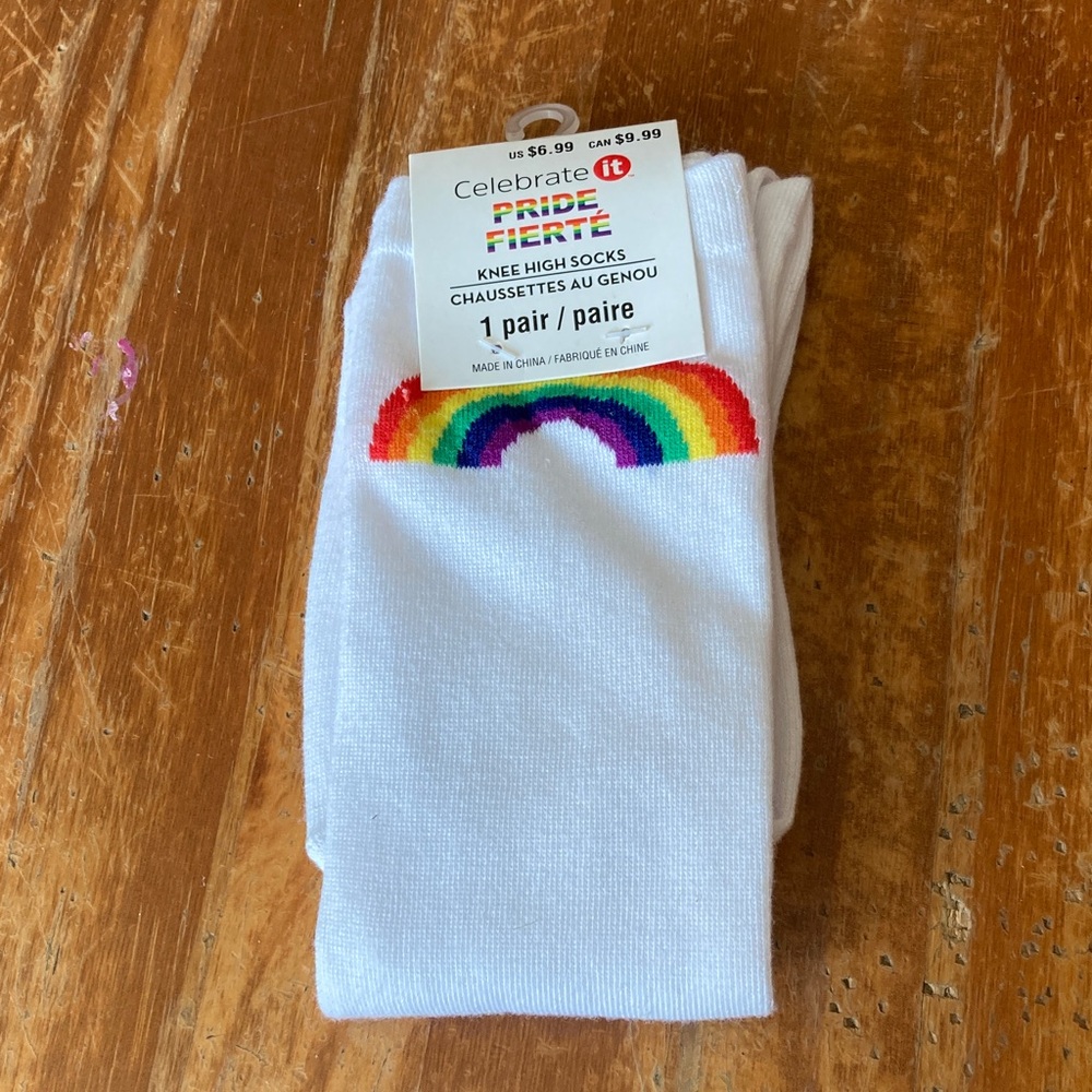 Celebrate It Pride White Knee-High Socks with Rainbow Accent